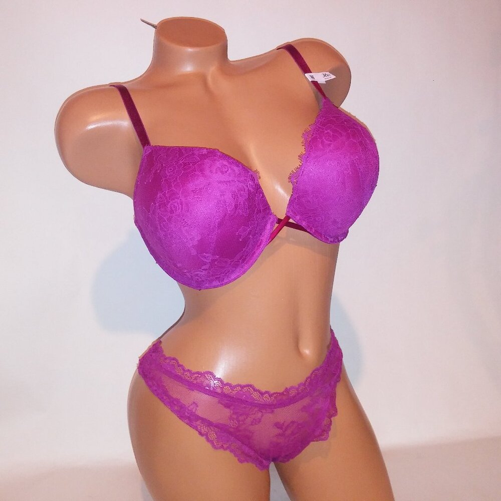 Victoria’s Secret Bombshell Push Up Bra Set 36D Fuchsia Lace Very Sexy NWT